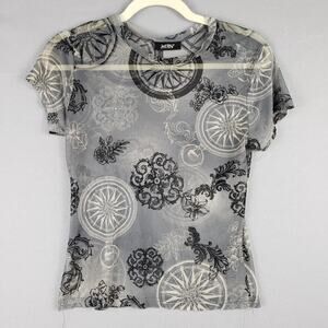 Just Polly Size S Sheer Mesh Shot Sleeve Top Gray Black Whimsigoth Steampunk
